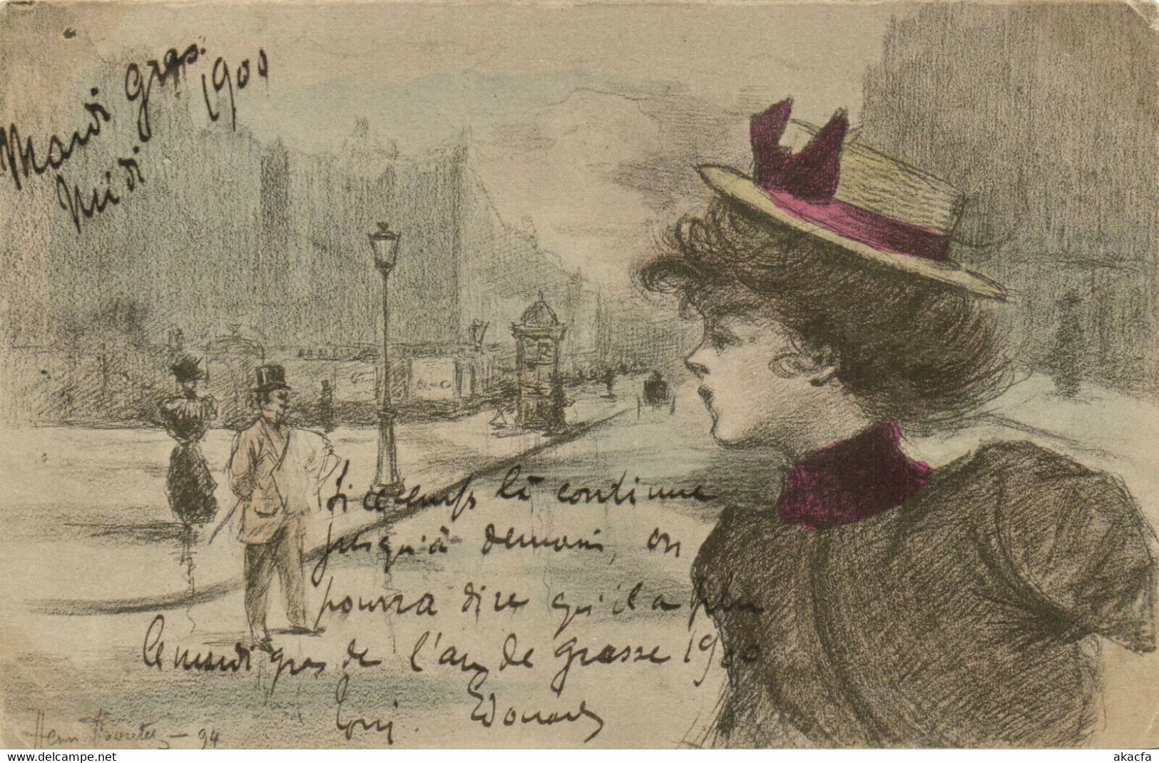 PC H. BOUTET, ARTIST SIGNED, LADY CROSSING THE STREET, Vintage Postcard (b38755) - Boutet