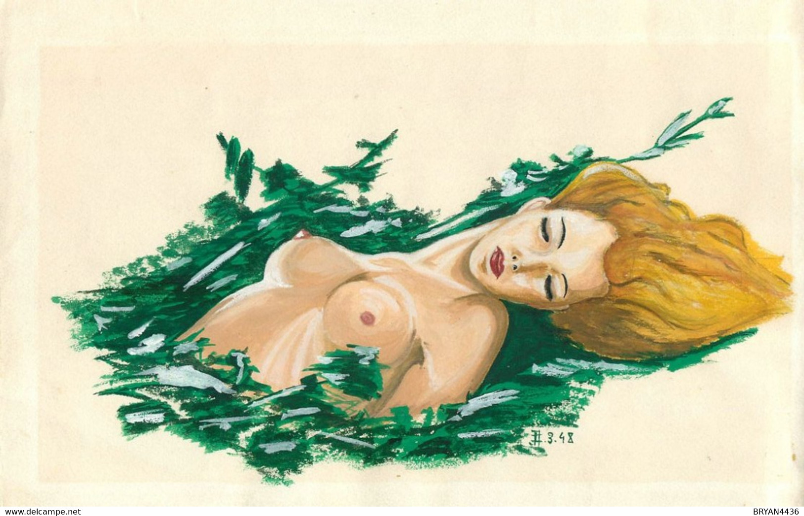 GOUACHE ORIGINALE  " FEMME SEINS NUS, ENDORMIE " (18 X 29 Cm) MONOGRAMEE - Datée; Mars 1948 - Waterverf