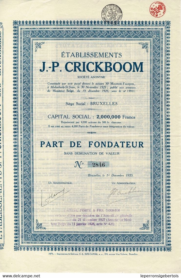 - Titre De 1925 - Etablissements J.P. Crickboom - - Textiel