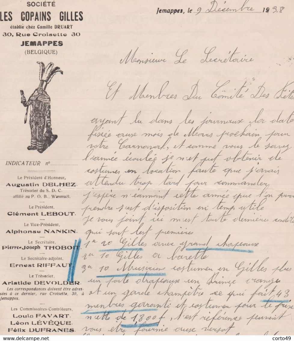 1938 -CARNAVAL De JEMAPPES - MONS -DOCUMENT De 3 Pages Sur LA SOCIETE" LES COPAINS GILLES " En 1938 - 6 Scans ! - 1900 – 1949