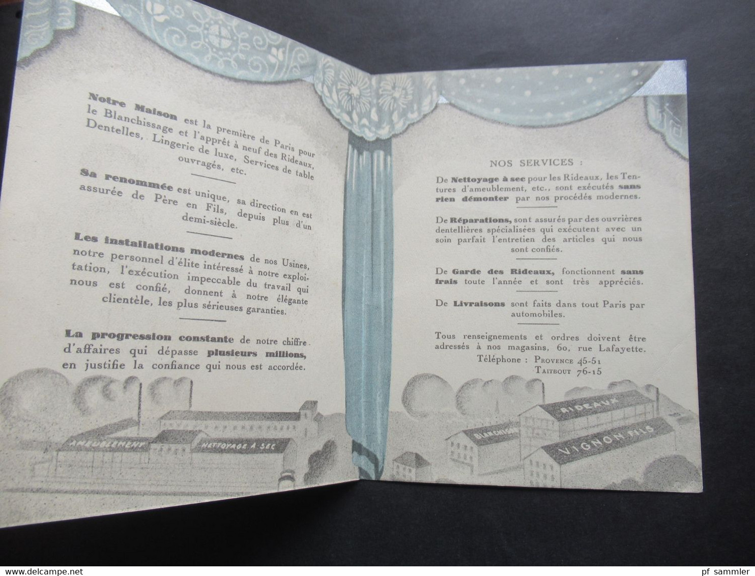 Sehr dekorative Werbekarte Art Déco ca.1920er Jahre Vignon Fils Paris Blanchisserie Speciale de Rideaux