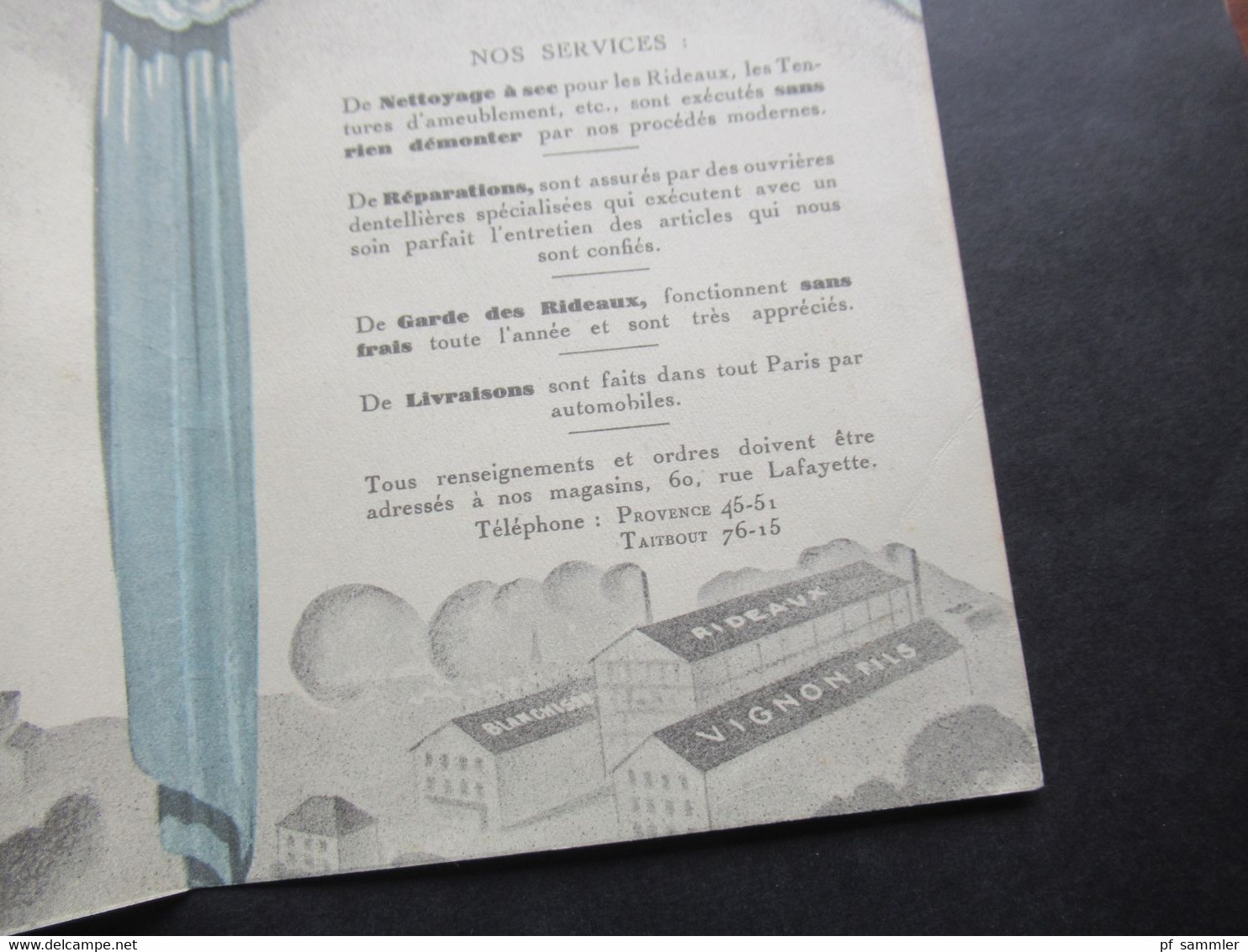 Sehr dekorative Werbekarte Art Déco ca.1920er Jahre Vignon Fils Paris Blanchisserie Speciale de Rideaux