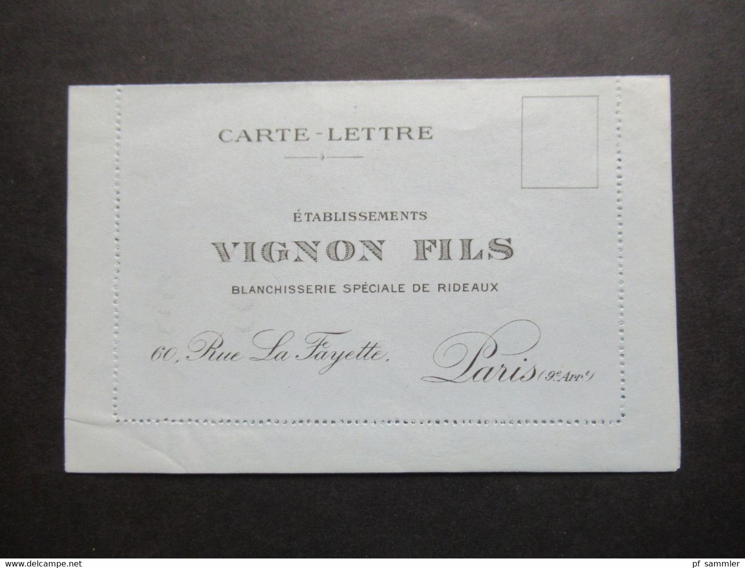 Sehr dekorative Werbekarte Art Déco ca.1920er Jahre Vignon Fils Paris Blanchisserie Speciale de Rideaux