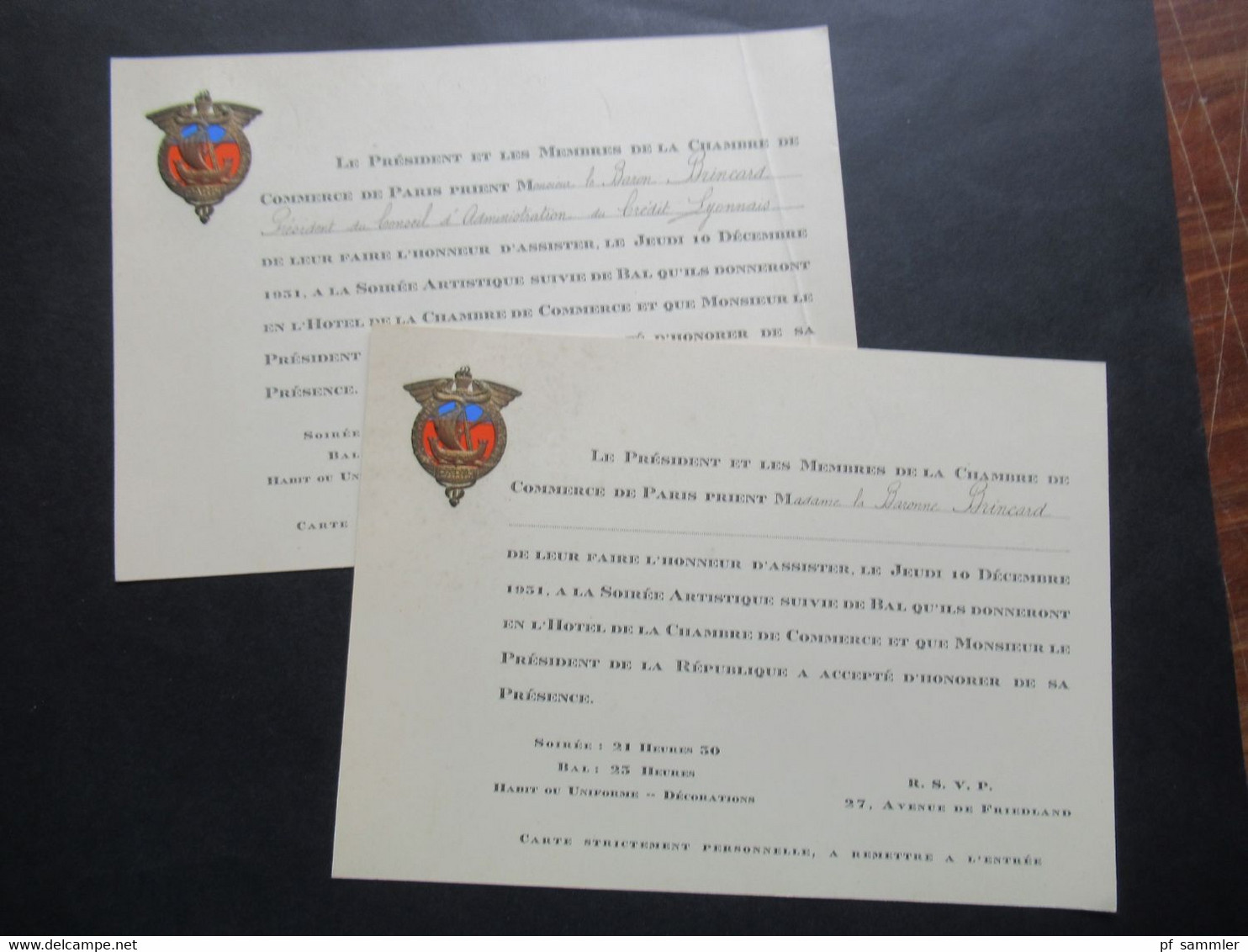 Dekorative Karten / 2x Einladung Paris 10.12.1931 Le President Et Les Membres De La Chambre De Commerce De Paris - Tickets - Vouchers