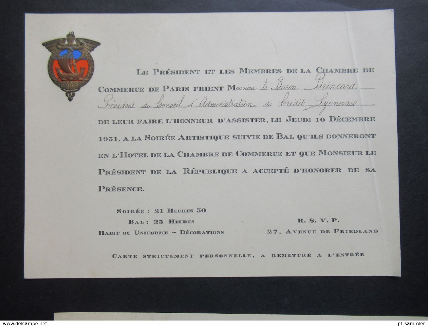 Dekorative Karten / 2x Einladung Paris 10.12.1931 Le President Et Les Membres De La Chambre De Commerce De Paris - Biglietti D'ingresso