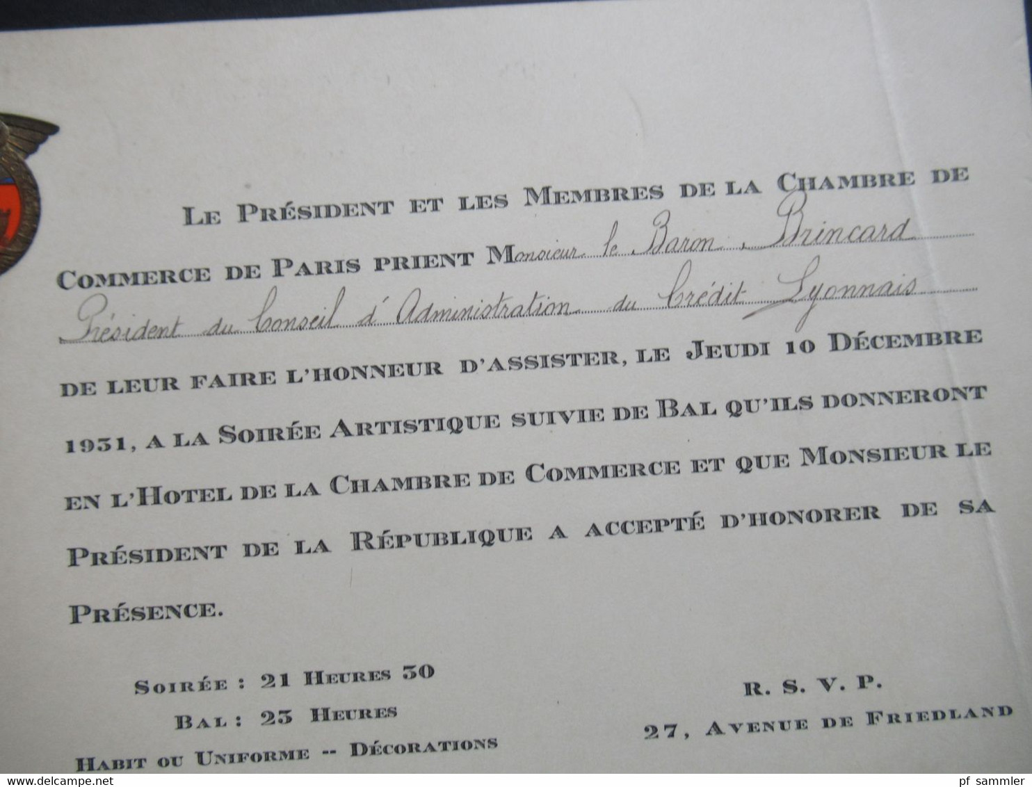 Dekorative Karten / 2x Einladung Paris 10.12.1931 Le President Et Les Membres De La Chambre De Commerce De Paris - Tickets D'entrée