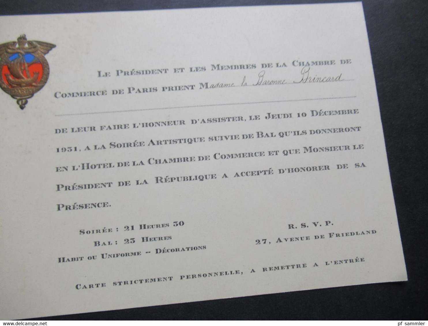 dekorative Karten / 2x Einladung Paris 10.12.1931 Le President et les Membres de la Chambre de Commerce de Paris