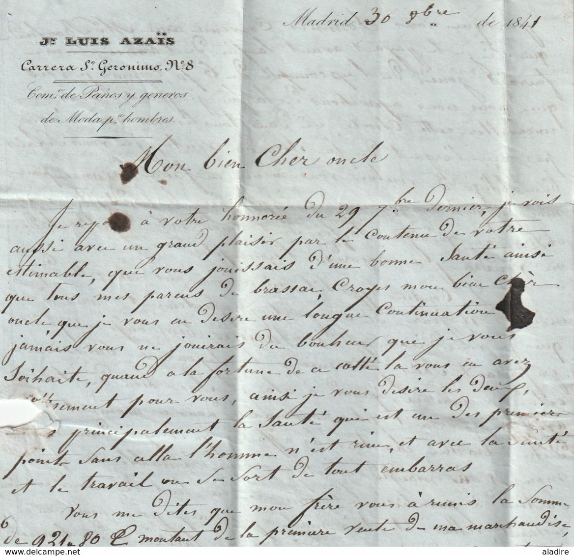 1841 -  Marque postale M couronné en rouge de Madrid sur Lettre pliée en français vers Brassac, Tarn, France