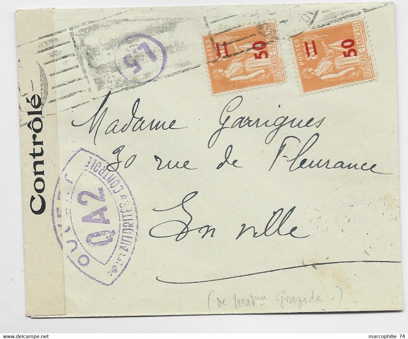 PAIX 80C ORANGE SURCHARGE 50 PAIRE LETTRE MEC GRATTEE TOULOUSE 1941 POUR TOULOUSE CENSURE OUVERT QA2 - 1921-1960: Période Moderne