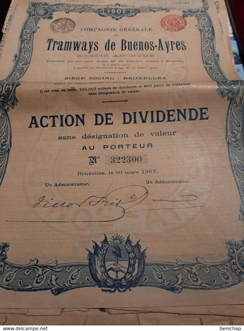 25 Exemplaires De Compagnie Générale De Tramways De Buenos-Ayres (Argentine) - Bruxelles 1907 - Spoorwegen En Trams