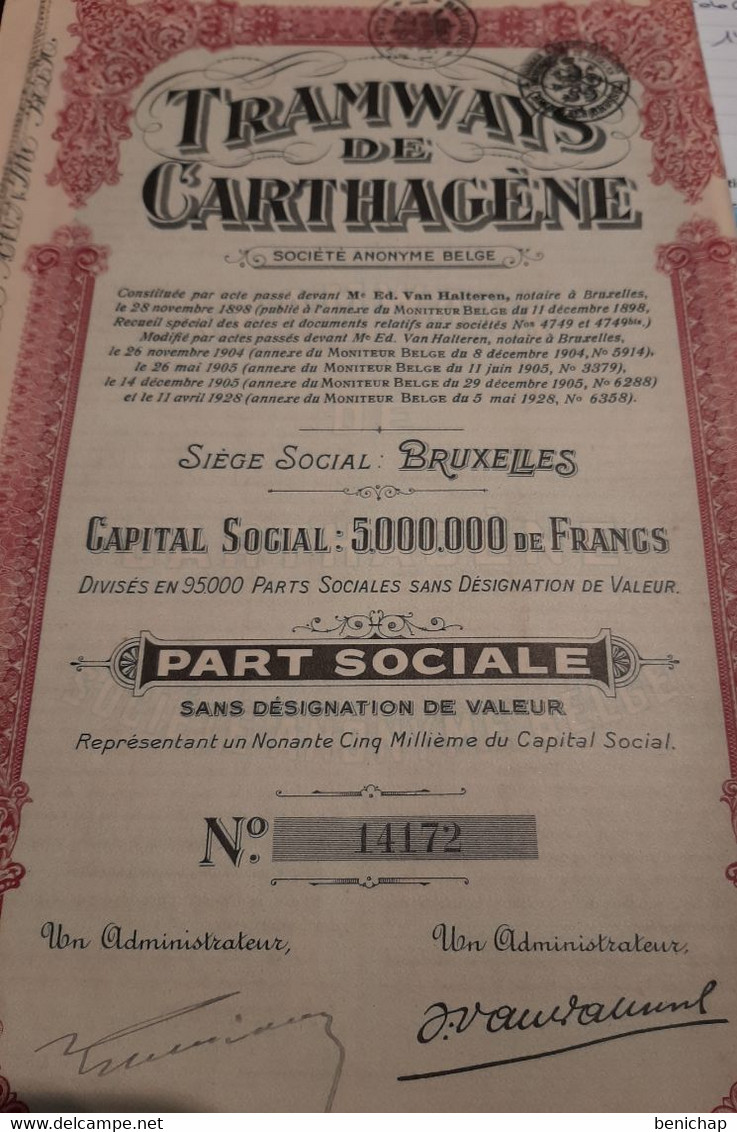 20 Exemplaires De Tramways De Carthagène S.A. ( Espagne) - Part Sociale - Bruxelles 1928. - Chemin De Fer & Tramway