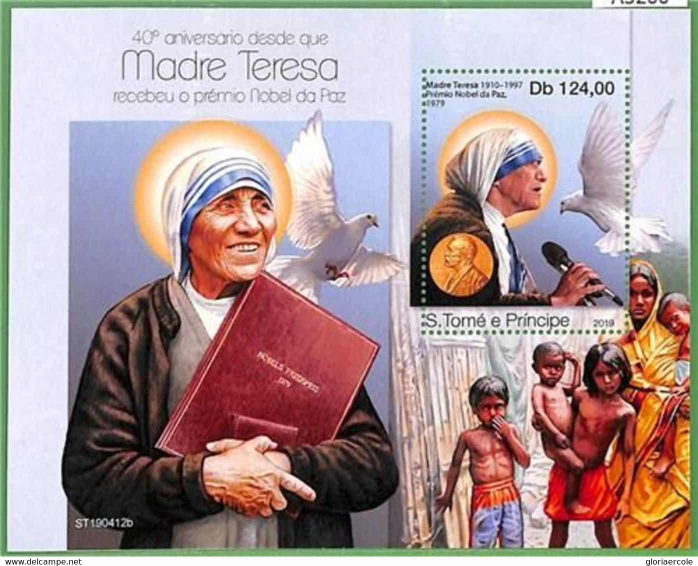 A3200 - SAO TOME & PRINCIPE, ERROR MISSPERF Souvenir S: 2019 Mother Teresa, Dove - Mère Teresa