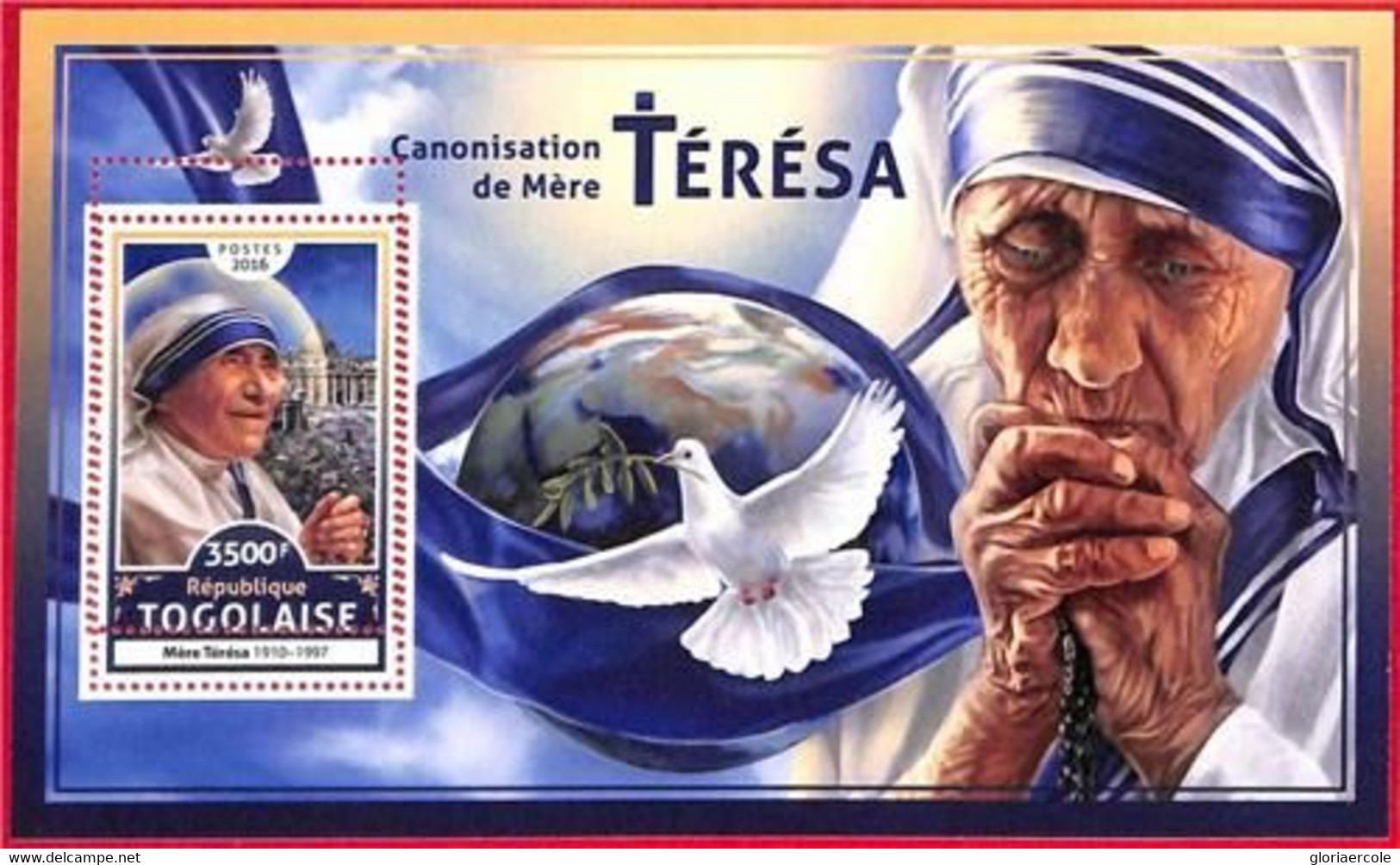 A4965 - TOGO - ERROR MISPERF, Souvenir Sheet: 2016, Mother Teresa, Doves, Birds - Madre Teresa