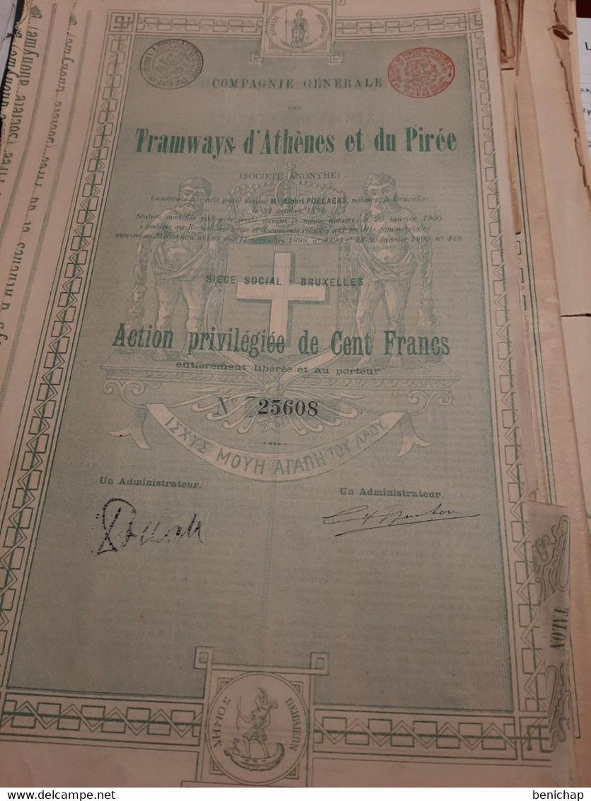 25 Exemplaires De  Compagnie Générale Des Tramways D'Athènes Et Du Pirée - Action Privilégiée - Bruxelles Janvier 1900. - Spoorwegen En Trams