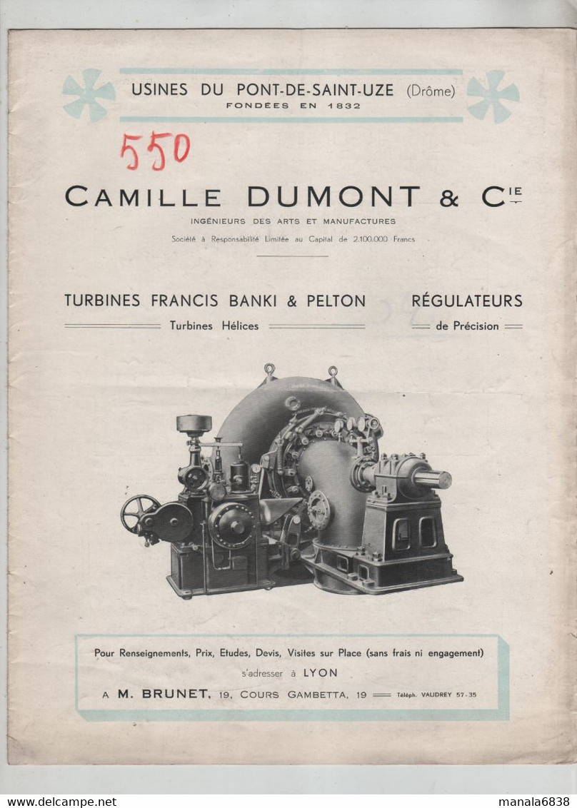 Camille Dumont Ingénieur Arts Et Manufactures Usines Pont De Saint Uze Turbines Banki Pelton - Sonstige & Ohne Zuordnung