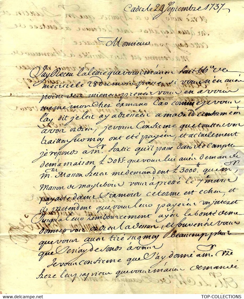 1737 De Cadix Signée Casaubon SYNDIC DE LA COMPAGNIE DES INDES & Béhic Négociants Pour BEAUMONT LEMAITRE MARSEILLE - Historische Documenten