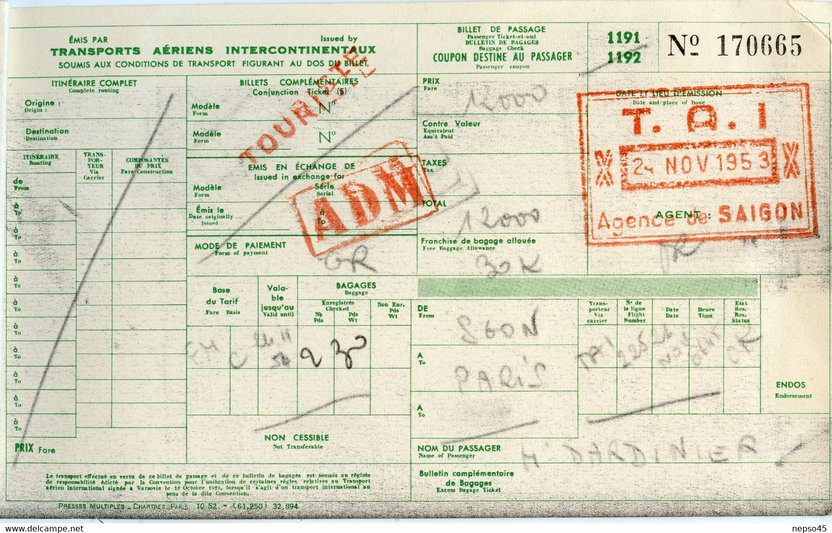 Billet D'embarquement D'avion Transport De Saïgon Vers Paris 24 Novembre 1953.( Période Guerre D'Indochine) - Mundo