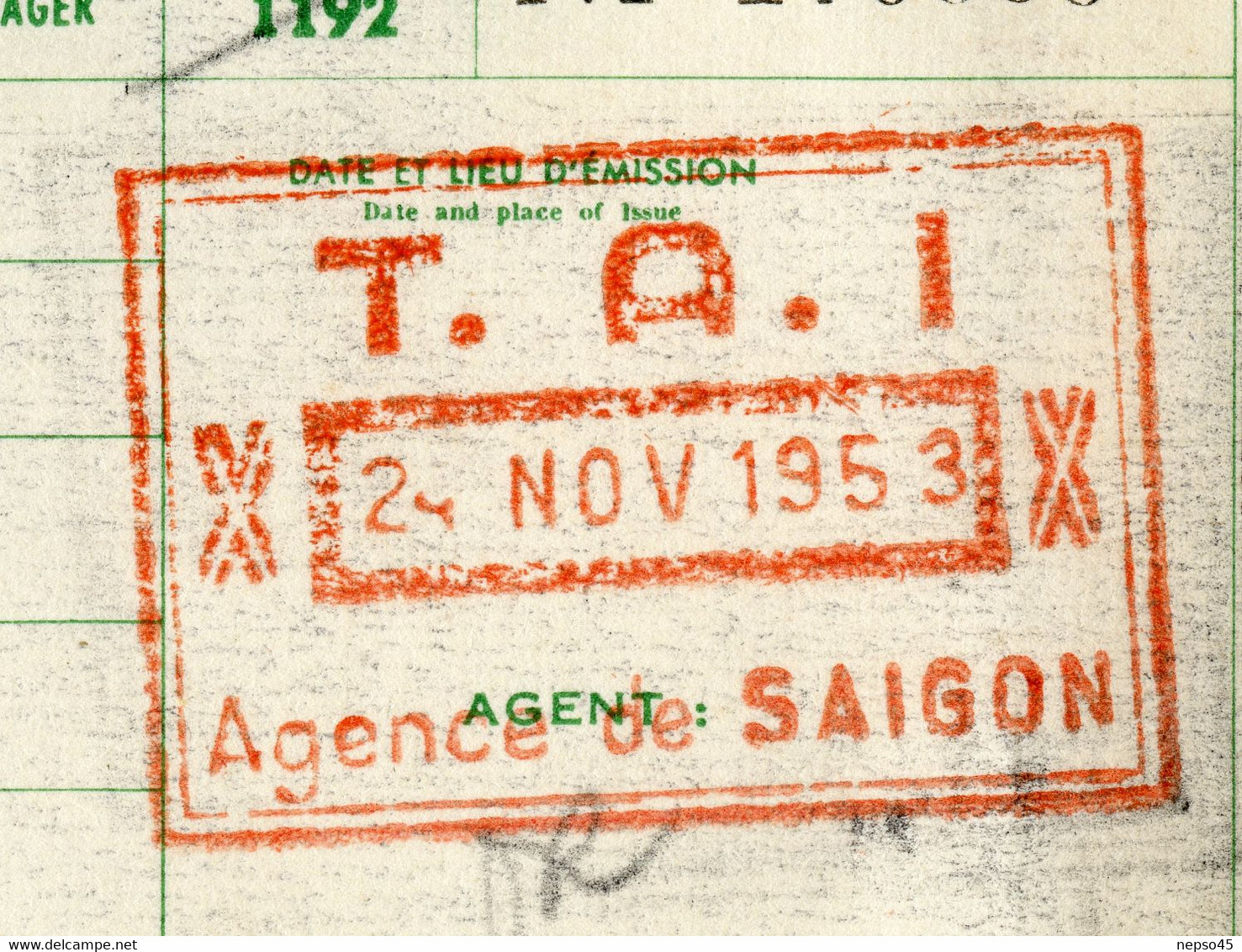 Billet D'embarquement D'avion Transport De Saïgon Vers Paris 24 Novembre 1953.( Période Guerre D'Indochine) - Mondo