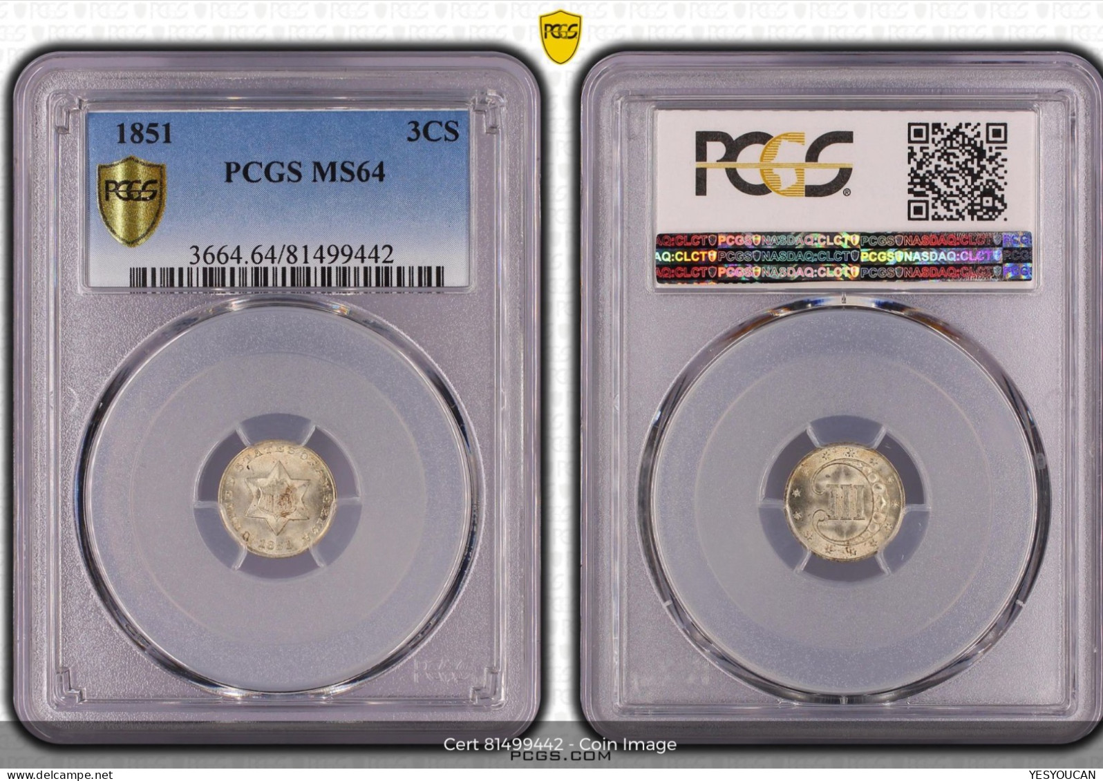 USA 1851 3 Cents PCGS MS64 (US Coin Mint State États-Unis Monnaie Crypto Bitcoin - 2, 3 & 20 Cent