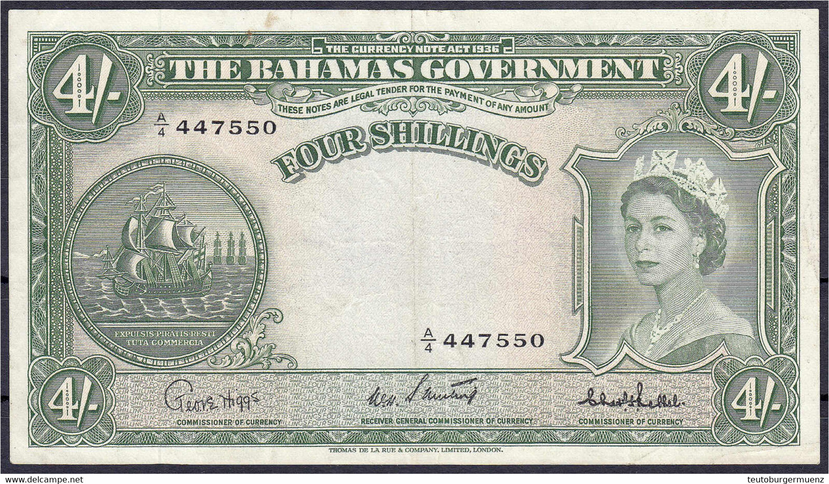 4 Shillings O.D. (1953). II-III. Pick 13c. - Bahamas