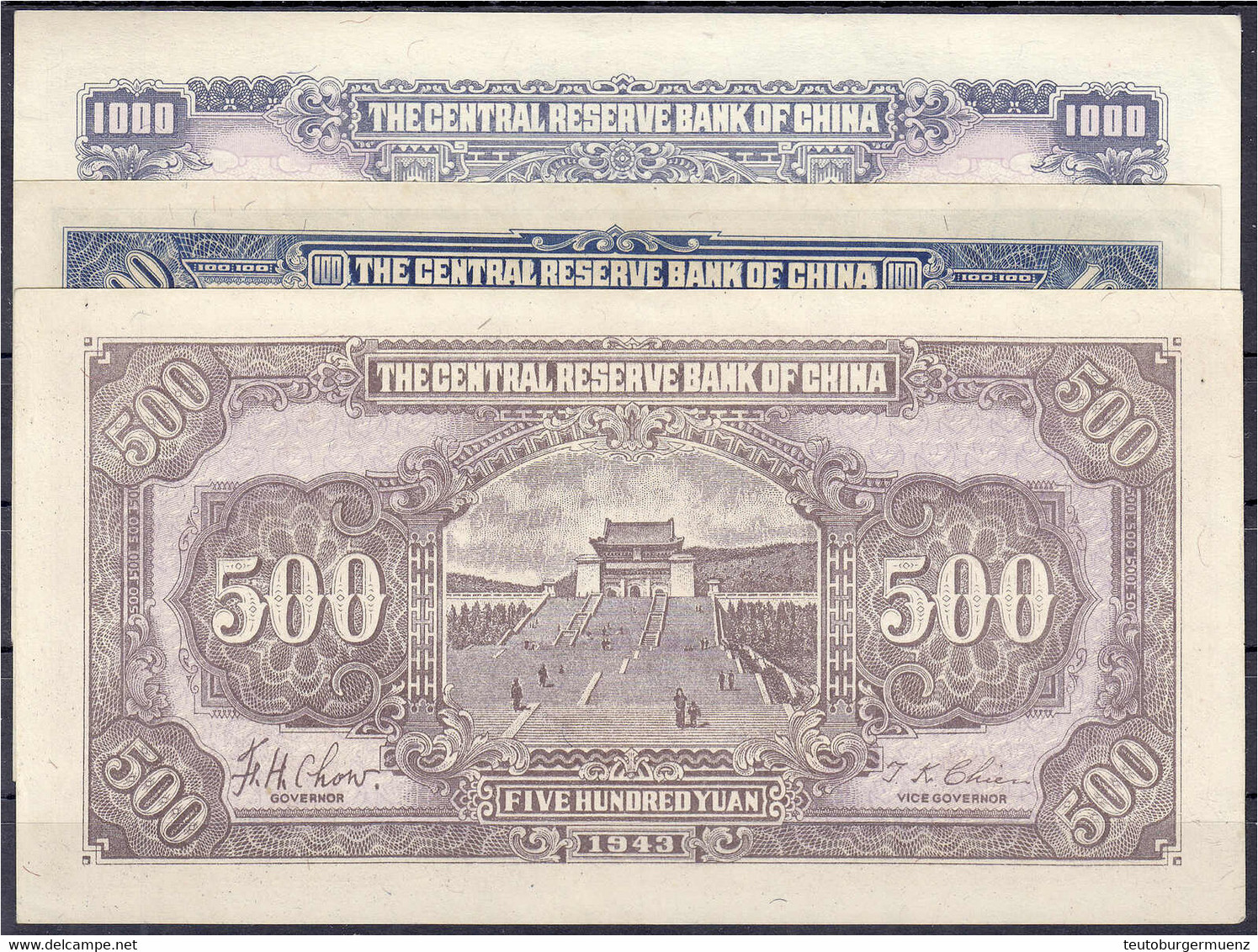 Zentralbank Von China, 100, 500 Und 1000 Yuan 1942-1944. II. Pick J14a, J24, J32. - Cina