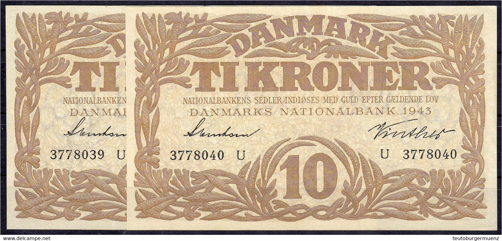 Nationalbank, 2 X 10 Kroner 1943. Fortlaufende KN. 3778039 U - 3778040 U.I- Pick 31o. - Danimarca