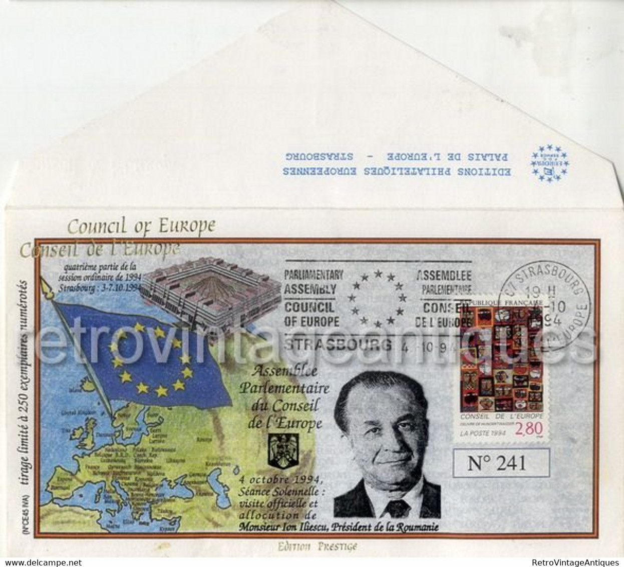 ION ILIESCU Council Of Europe Conseil De L'Europe 4 Octobre 1993 Adhesion De La Roumanie 241/250 Exemplaires Numerotes - Dienstmarken