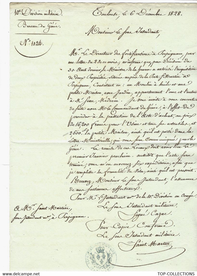 1828 HISTOIRE ACHATS MOULIN A HUILE + MAISON  REMPARTS FORTIFICATIONS DIRECTION DE PERPIGNAN "PORTE SAINT MARTIN" VOIR H - Documents Historiques