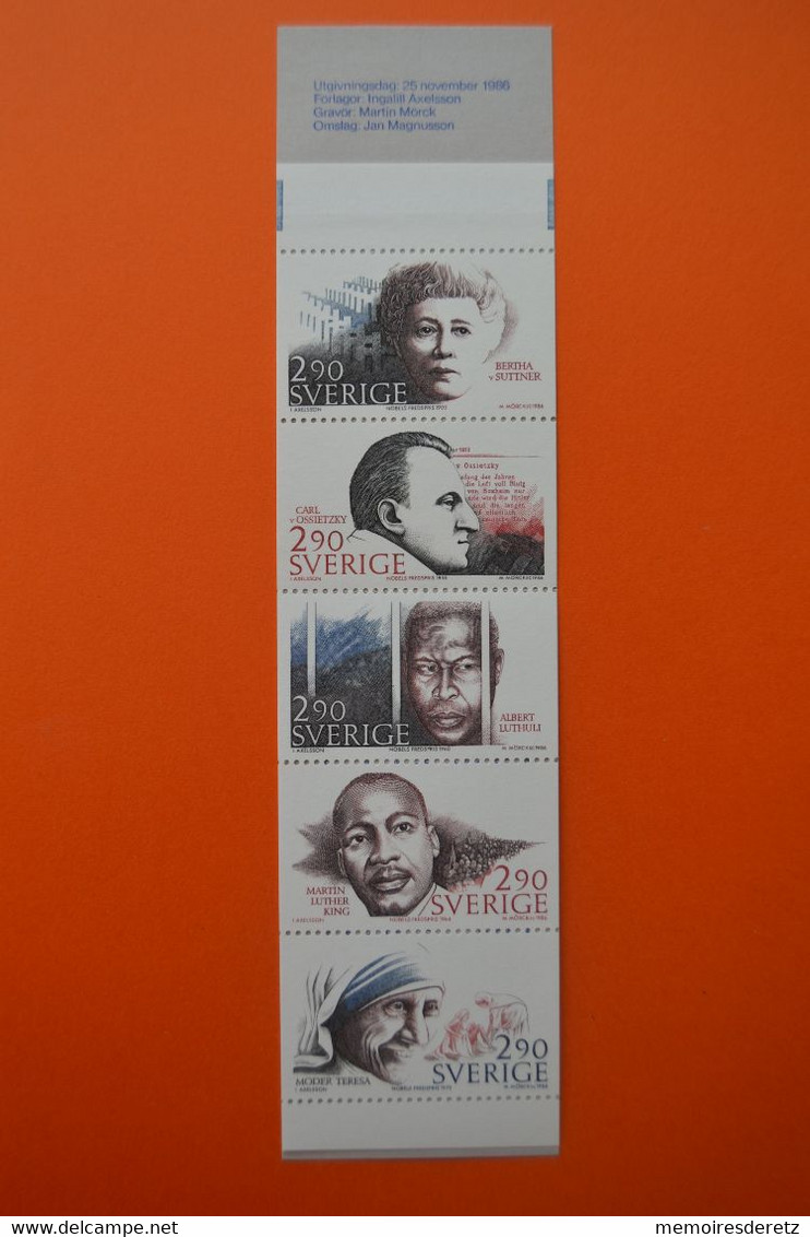 Suède Sverige Sweden Carnet Timbres Nobel Price 1986 Mother Teresa Martin Luther King Albert Luthuli Ossietzky Suttner - 1981-..