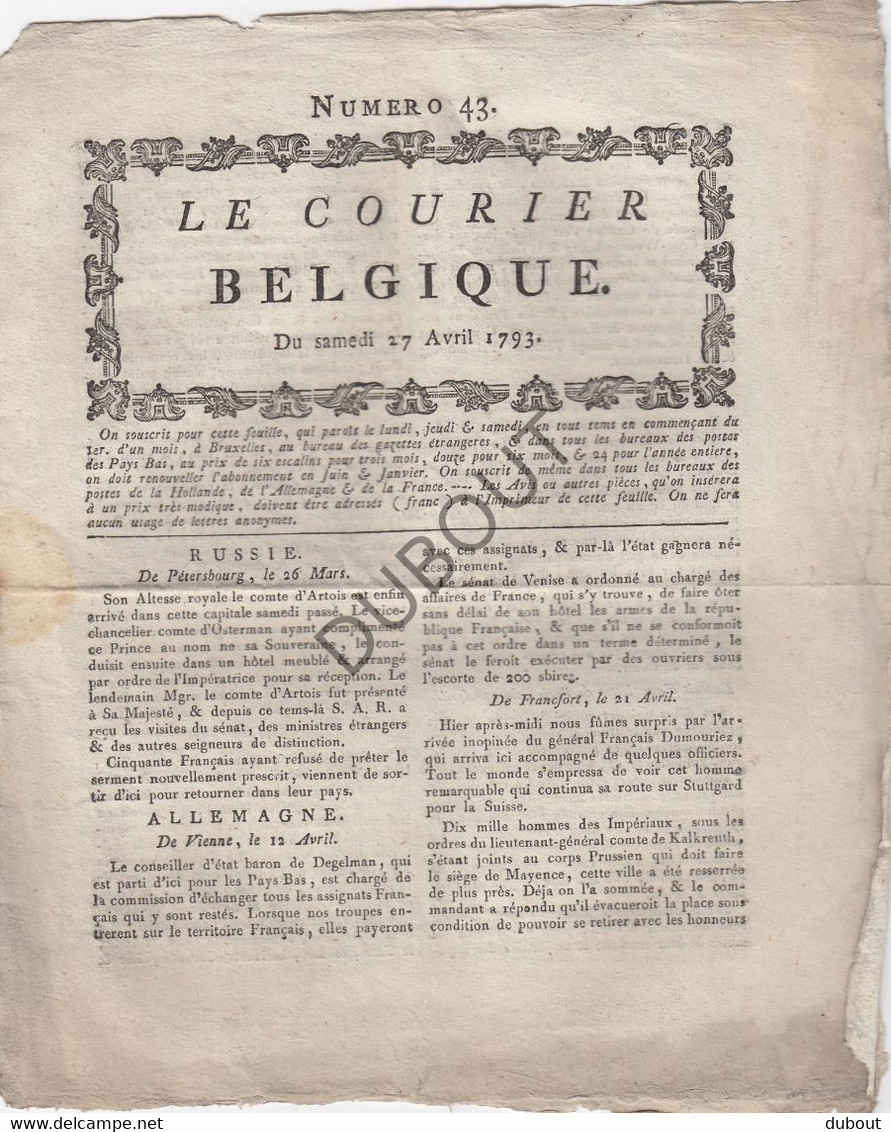 Le Courier Belgique - 1793 - Gedrukt Te Mechelen - Hanicq - 6  Nummers (V1030) - Zeitungen - Vor 1800