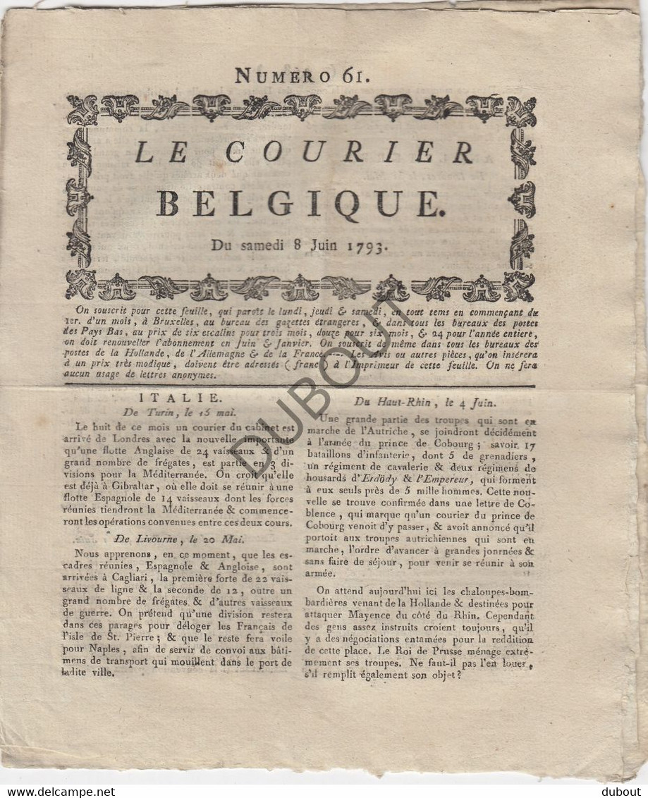 Le Courier Belgique - 1793 - Gedrukt Te Mechelen - Hanicq - 6  Nummers (V1030) - Zeitungen - Vor 1800