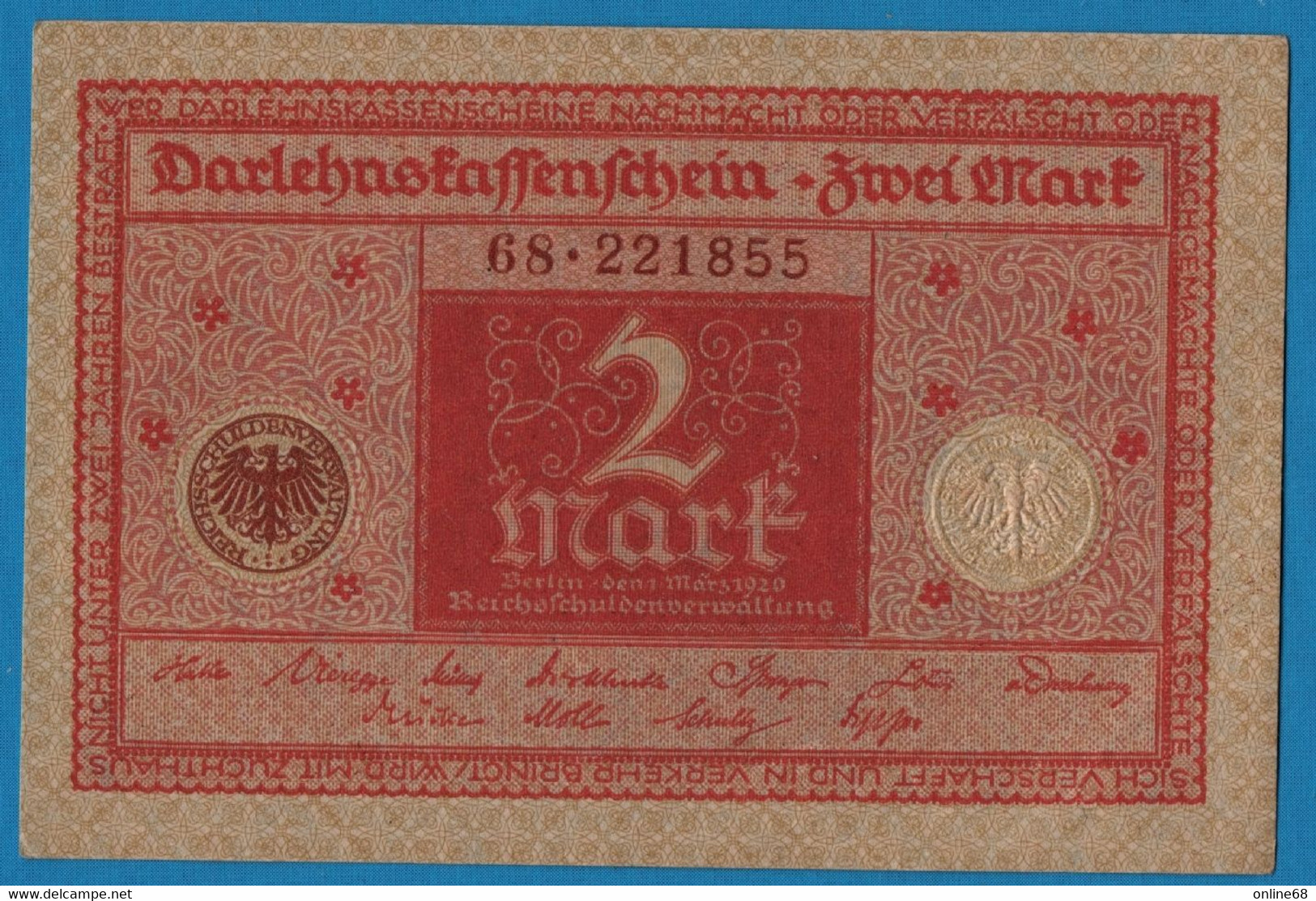 DEUTSCHES REICH 2 MARK 01.03.1920  # 68.221855 P# 59  DARLEHENSKASSENSCHEIN - Reichsschuldenverwaltung