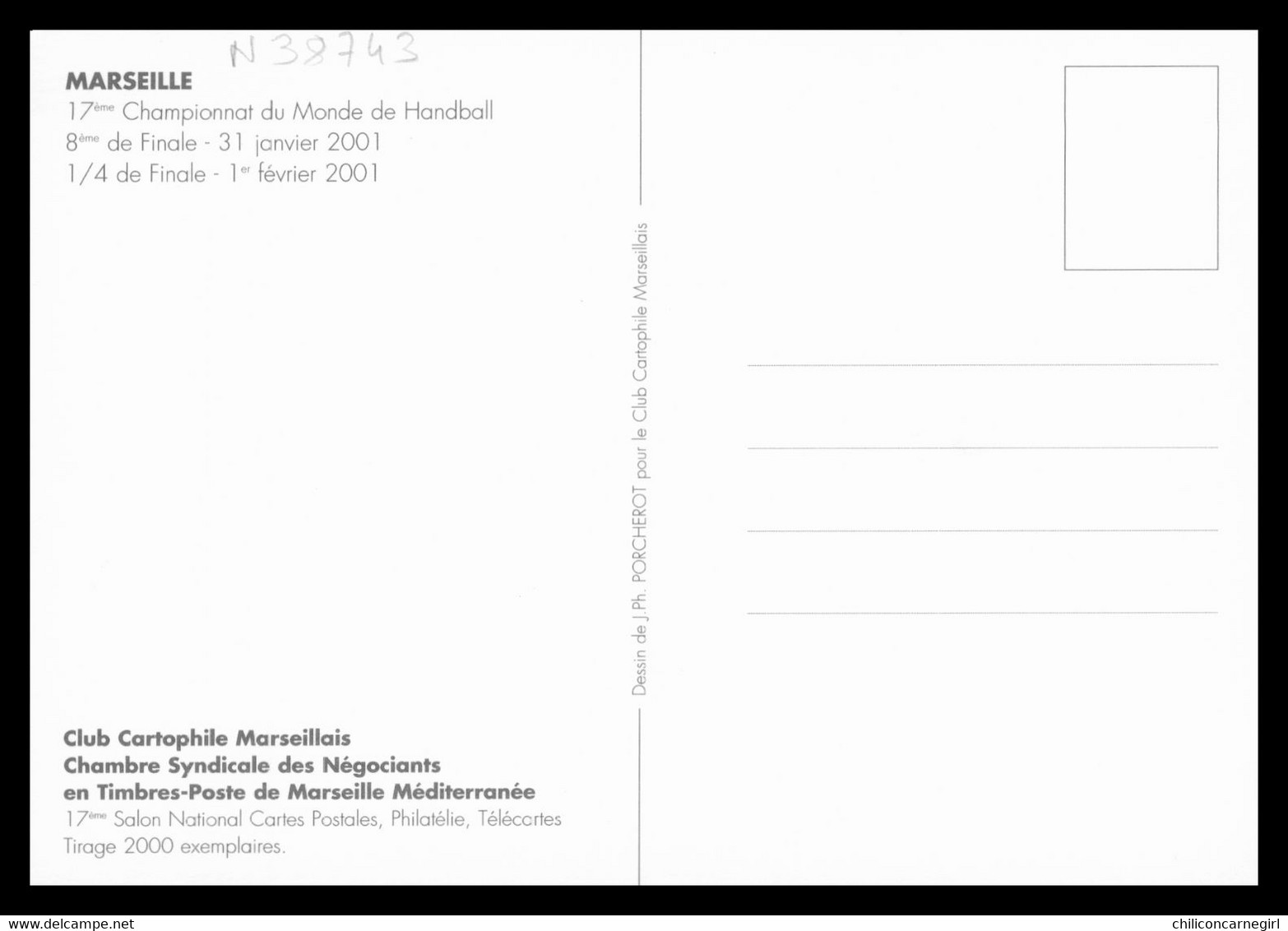 Mondial 2001 De Handball - MARSEILLE - 17e Championnat - Club Cartophile - Tirage 2000 Exemplaires - Dessin PORCHEROT - Pallamano