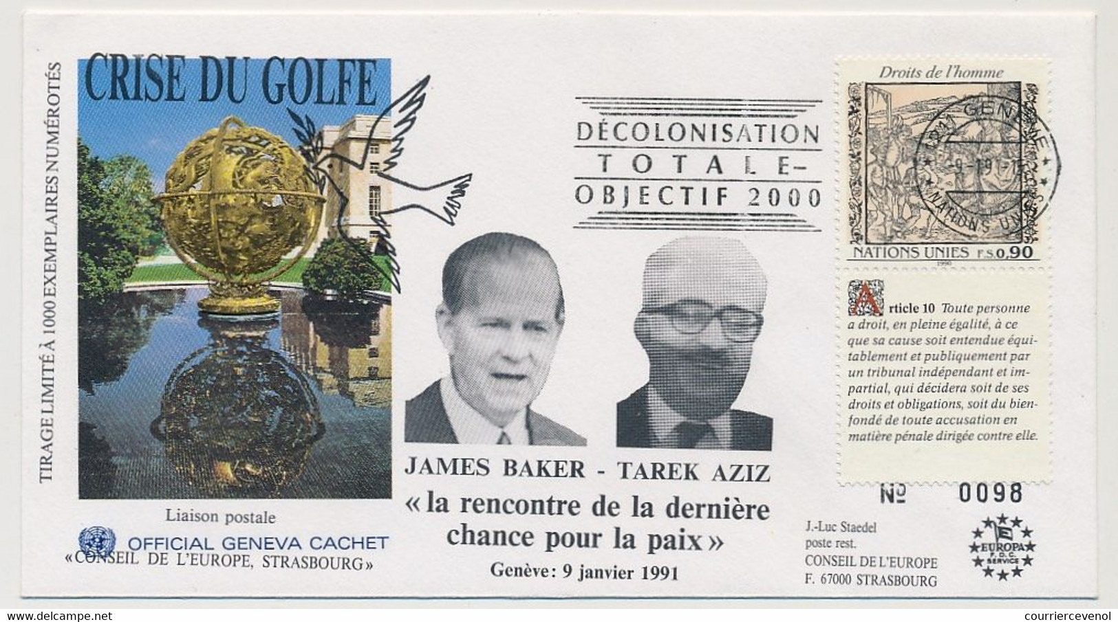 NATIONS UNIES - GENEVE - OMEC "Décolonisation Totale Objectif 2000" / Crise Du Golfe / James Baker - Tarek Aziz - Covers & Documents