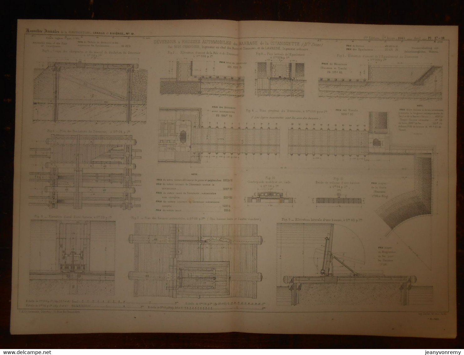 Plan Du Déversoir à Hausses Automobiles Du Barrage De La Citanguette Dans La Haute Seine.1865. - Travaux Publics