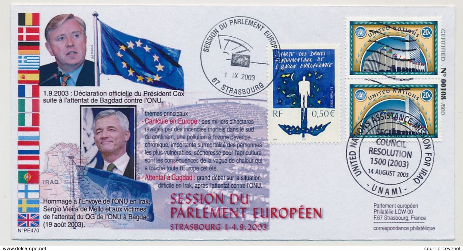 NATIONS UNIES - FRANCE - Mission For Irak - Security Council Resolution 14/8/2003 + Cachet Parlement Européen - Storia Postale