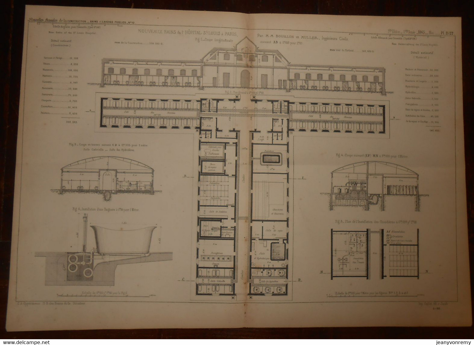 Plan Des Nouveaux Bains De L'Hôpital Saint-Louis à Paris.1865. - Travaux Publics