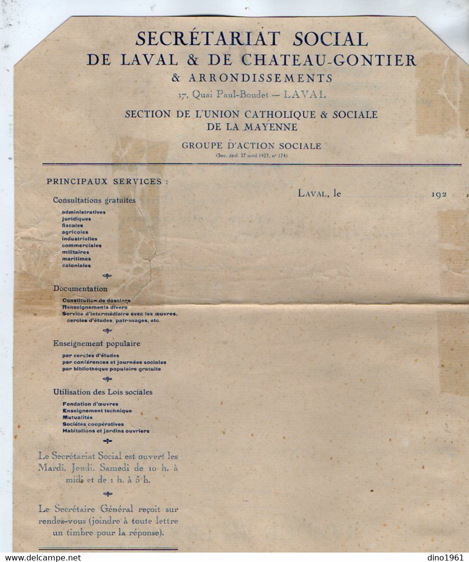 VP19.552 - 192?- Papier Lettre Vierge Du Secrétariat Social De LAVAL & De CHATEAU - GONTIER - Union Catholique & Sociale - Religión & Esoterismo