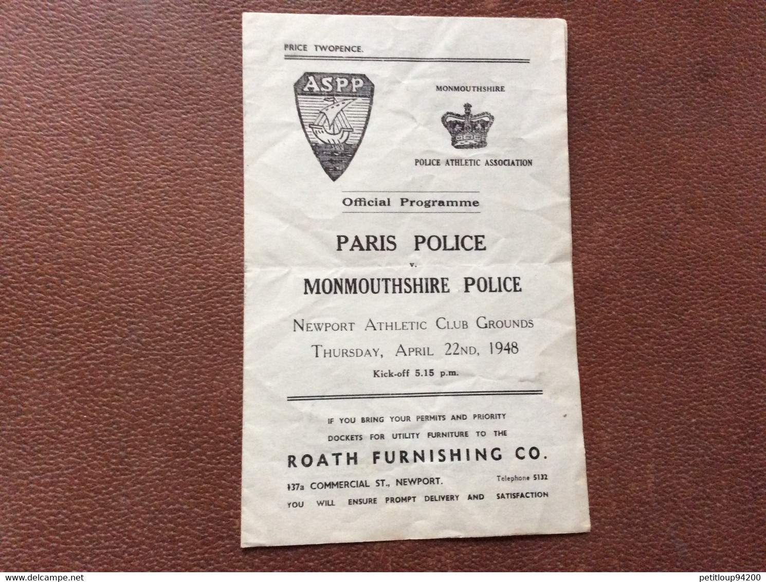 PROGRAMME + PASS OUT  PARIS POLICE A.S.P.P. - MONMOUTSHIRE POLICE Police Athletic Association  RUGBY FOOTBALL April 1948 - Rugby