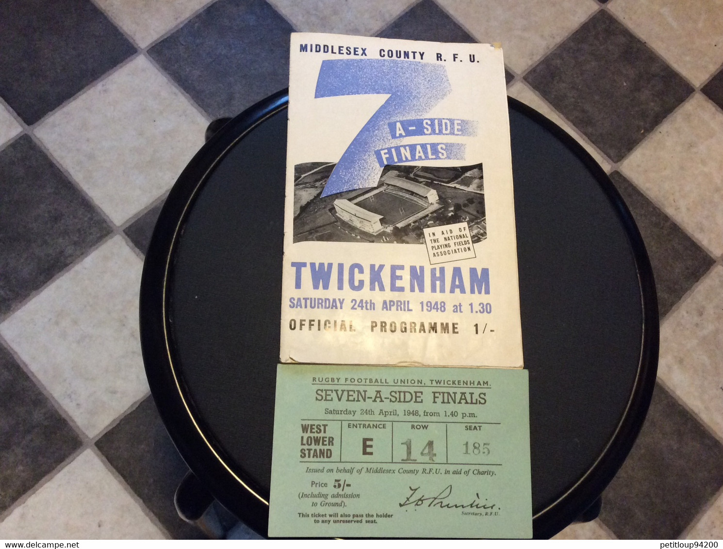 PROGRAMME + TICKET ENTRÉE  MIDDLESEX COUNTY  R.F.U. Rugby Football Union  SEVEN-A-SIDE FINALS  Twickenham  APRIL 1948 - Rugby