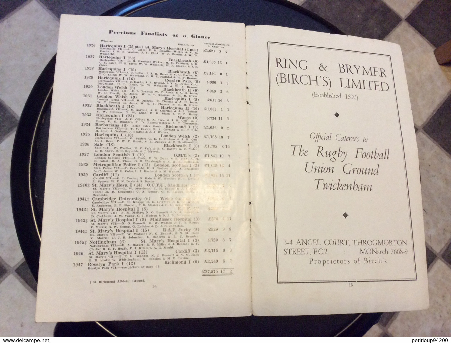 PROGRAMME + TICKET ENTRÉE  MIDDLESEX COUNTY  R.F.U. Rugby Football Union  SEVEN-A-SIDE FINALS  Twickenham  APRIL 1948