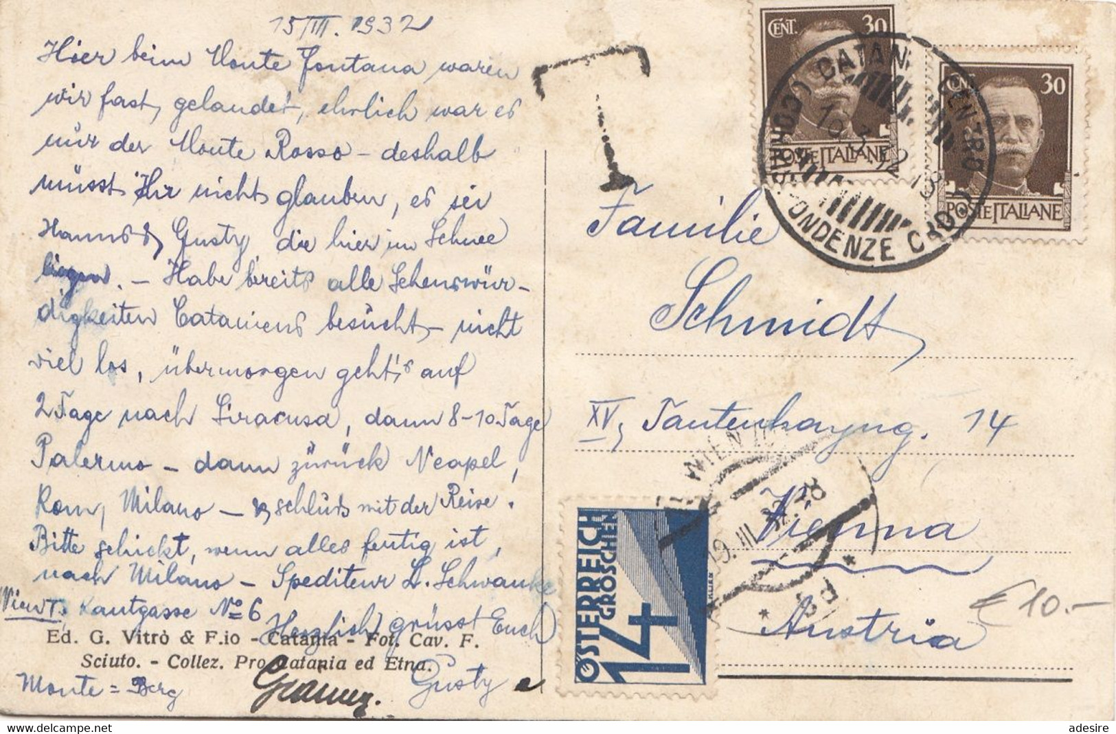 ÖSTERREICH NACHPORTO 1932 - 14 Gro Nachporto + 2 X 30 L Auf Ak Sport Invernale Sull'Etna Gel.1932 Von Italien > Wien - Variétés & Curiosités