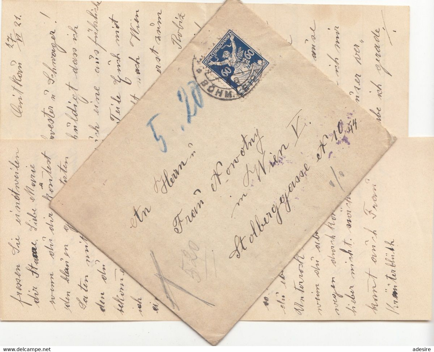 ÖSTERREICH NACHPORTO 1921 - 20 Heller + 5 Kronen Nachporto + 60 H Auf Brief Mit Inhalt Gel.1921 Von Böhmen > Wien V - Variétés & Curiosités