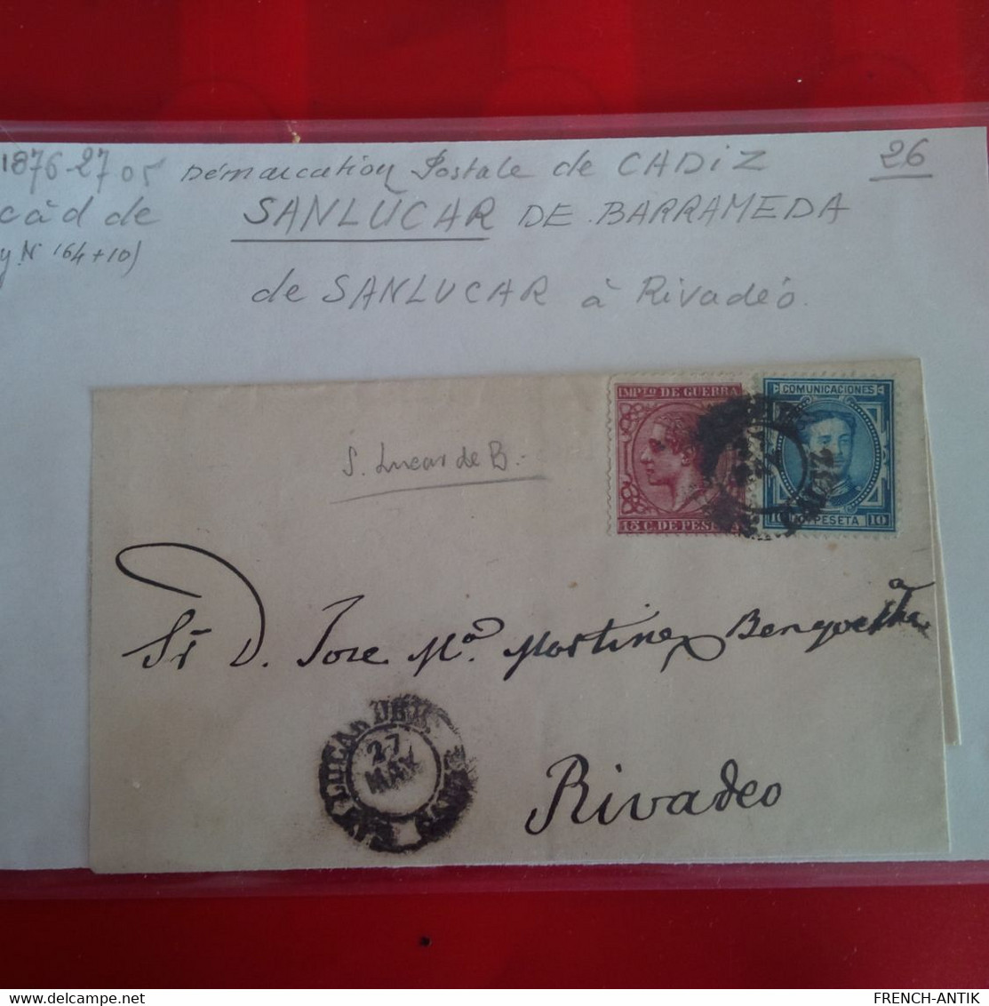 LETTRE SANLUCAR POUR RIVADEO 1876 - Briefe U. Dokumente