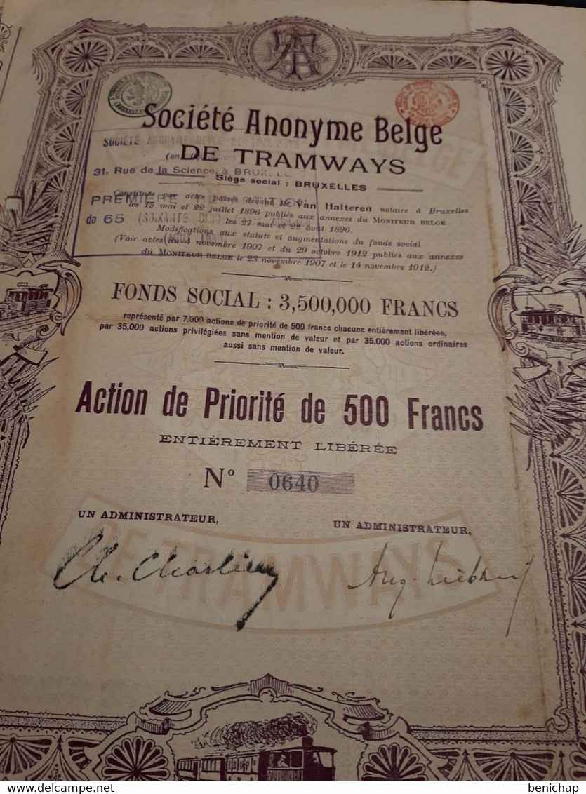 S.A. Belge De Tramways - Action De Priorité - Bruxelles Novembre 1912. - Chemin De Fer & Tramway