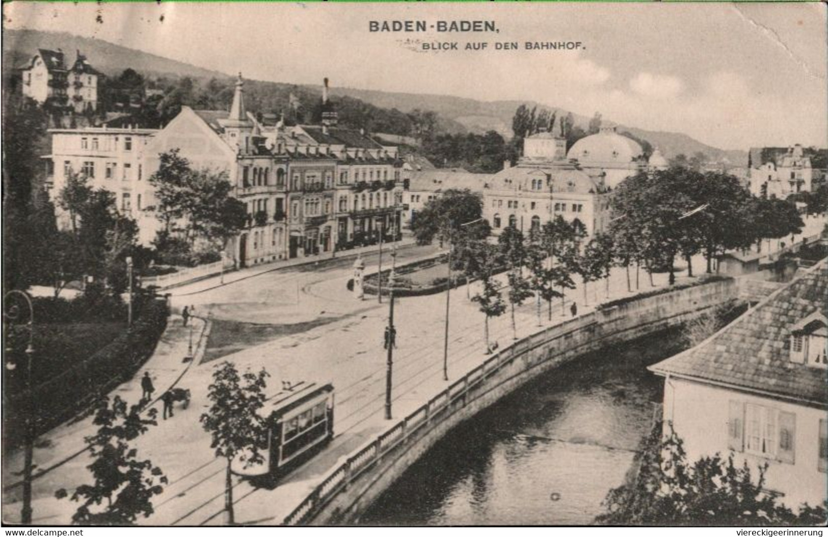 ! 1921 Alte Ansichtskarte Baden-Baden , Blick Auf Den Bahnhof, Straßenbahn, Tram, Destination Sao Paulo, Brasilien - Stations - Zonder Treinen