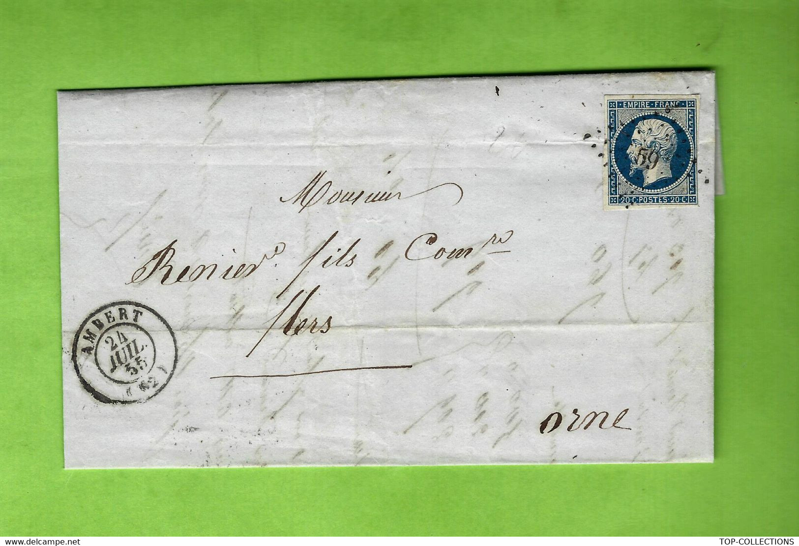 1855 LETTRE AVEC CORRESPONDANCE TIMBRE EMPIRE Non Dentelé Petis Chiffres 59  AMBERT Puy De Dome Pour Renier à Flers Orne - 1849-1876: Klassik