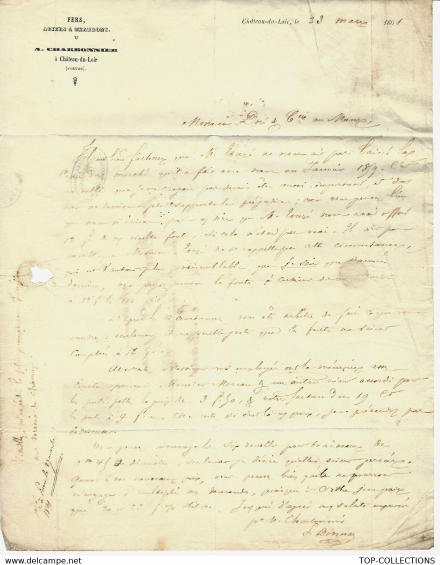 1861 TIMBRE EMPIRE Sur LETTRE ENTETE CHARBONNIER CHATEAU DU LOIR SARTHE   Pour Mr Doré Maître De Forges Le Mans B.E. - 1849-1876: Klassik