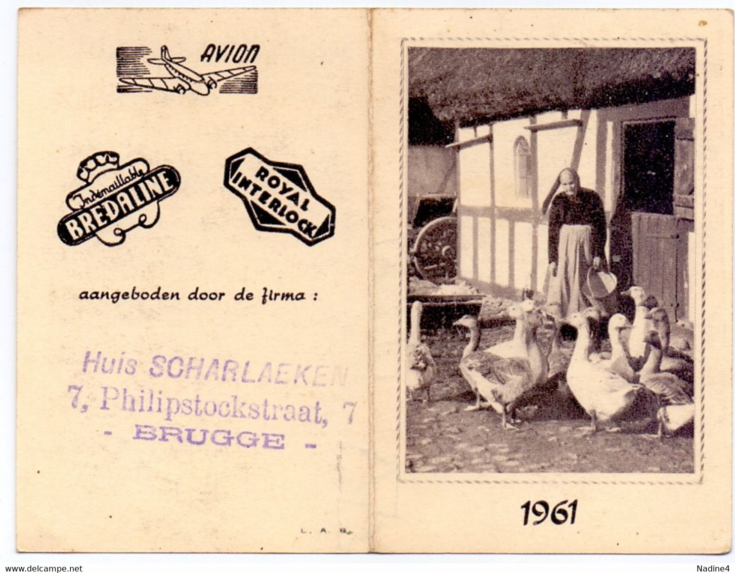 Kalender Calendrier 1961 - Pub Reclame - Huis Scharlaeken , Brugge - Petit Format : 1961-70