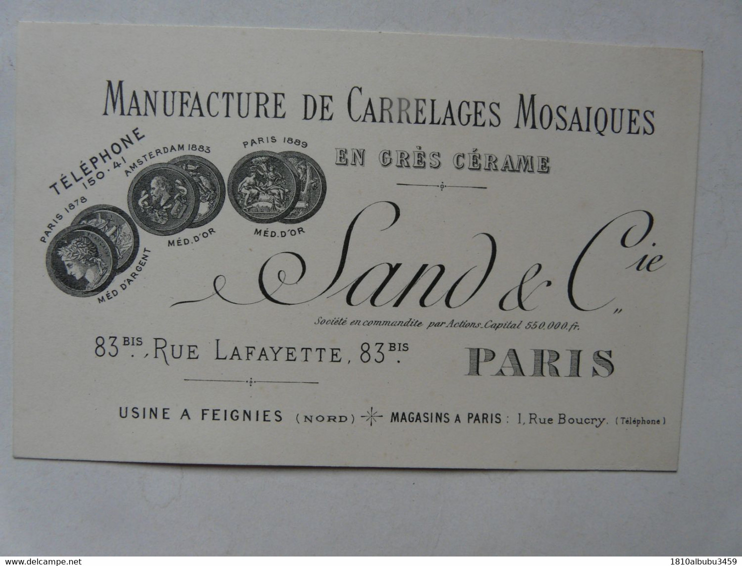 VIEUX PAPIERS - CARTE DE VISITE  : Manufacture De Carrelage Mosaiques - SAND & Cie PARIS - Cartoncini Da Visita